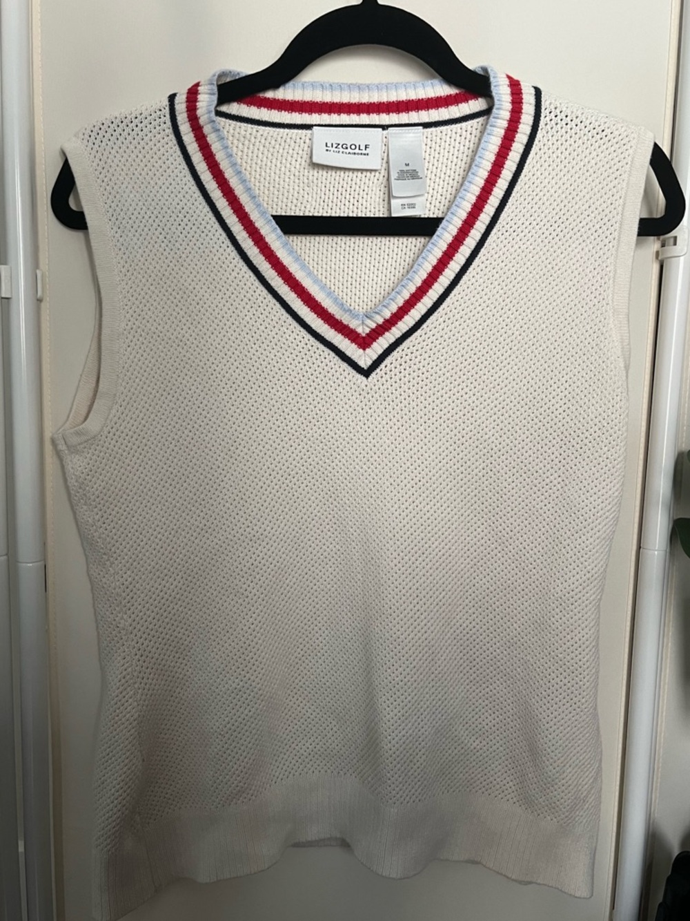 Liz Claiborne Cream V-Neck Sweater Vest with Red, Navy & Light Blue Trim